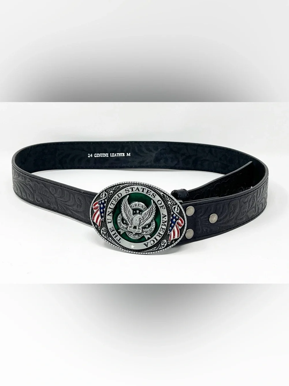 American Eagle Design Men’s Genuine Leather M Black Belt with USA Buckle